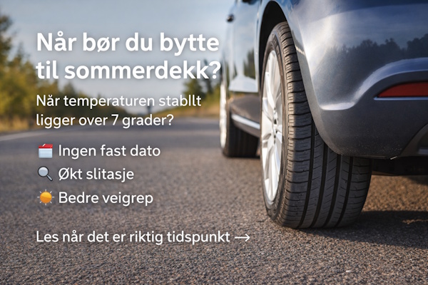 Bil på tørr sommervei med nye sommerdekk montert