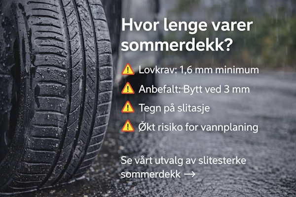 Slitt sommerdekk med lav mønsterdybde på våt asfalt som viser risiko for vannplaning