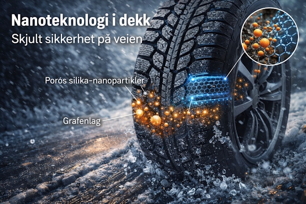 Vinterdekk i nærbilde på snødekt vei med illustrasjon av nanoteknologi i gummiblandingen, som viser silika-nanopartikler og varmefordelende lag for bedre grep og sikkerhet.